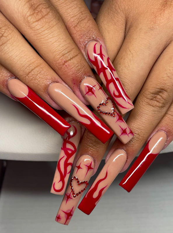 Long coffing red acrylic nails