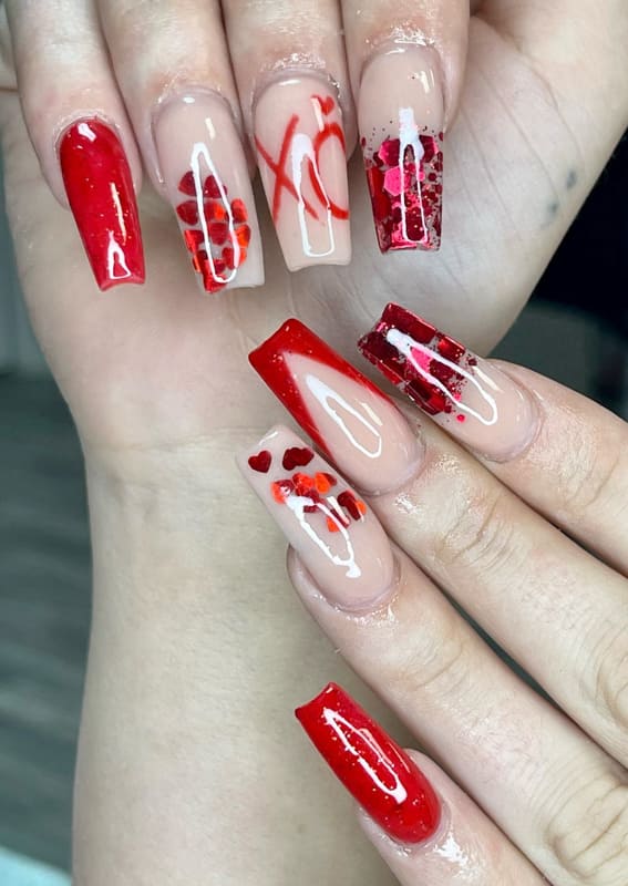 Long glitter red acrylic nails