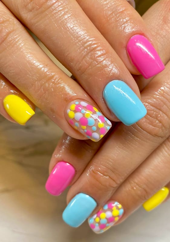 Pink and blue spring short square nails