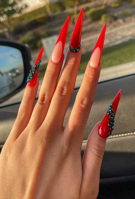 Red acrylic french stiletto nails