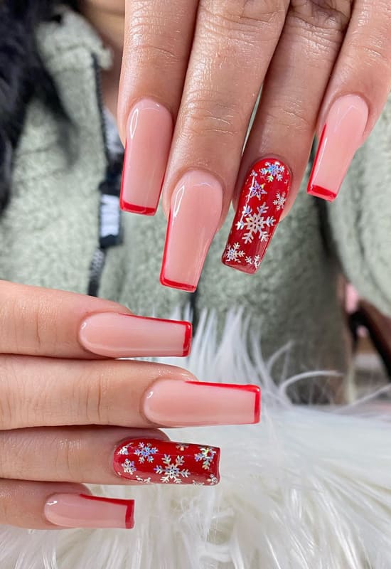 Red and nude winter acrylic nails