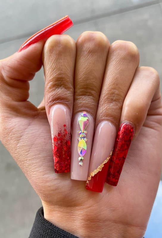 Red coffin glitter acrylic nails
