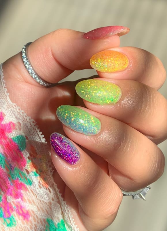 Short rainbow glitter acrylic nails