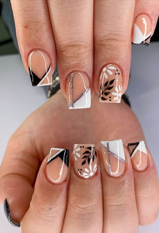 Short white and black square nails