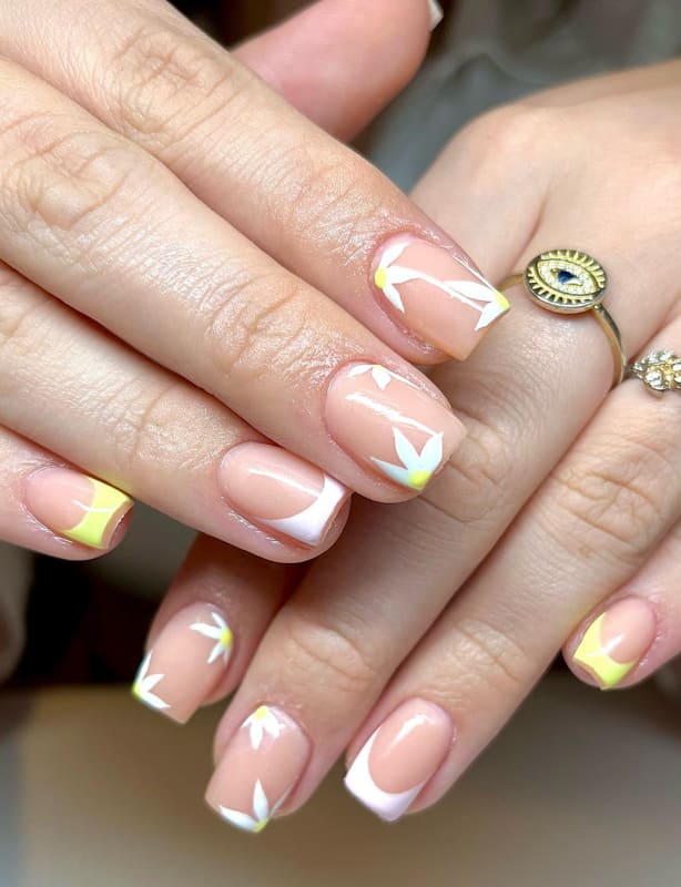 Yellow and white short square nails