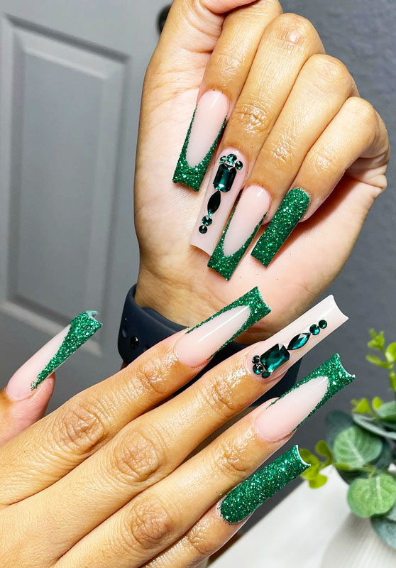 Emerald green and silver nails