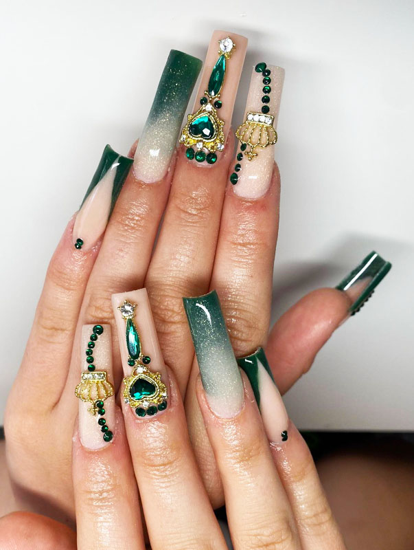 Emerald green ombre glitter nails