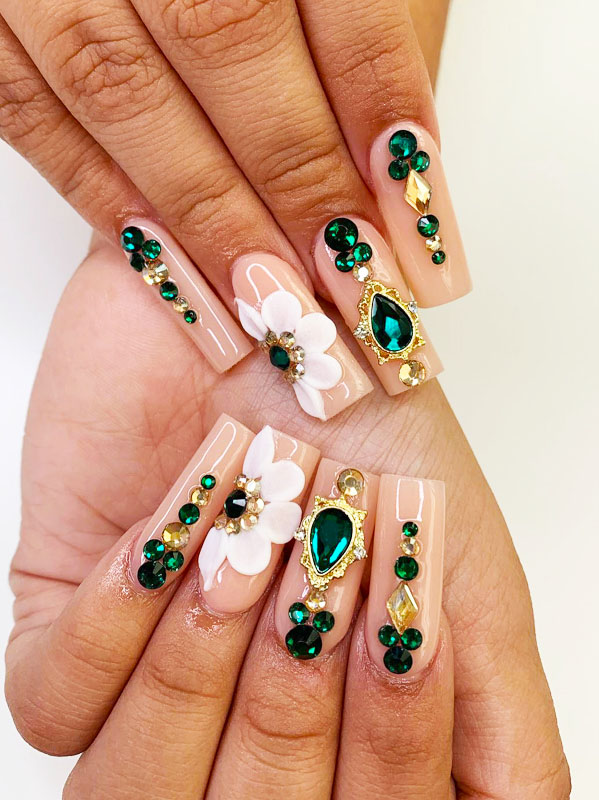 Emrald and flower green nails
