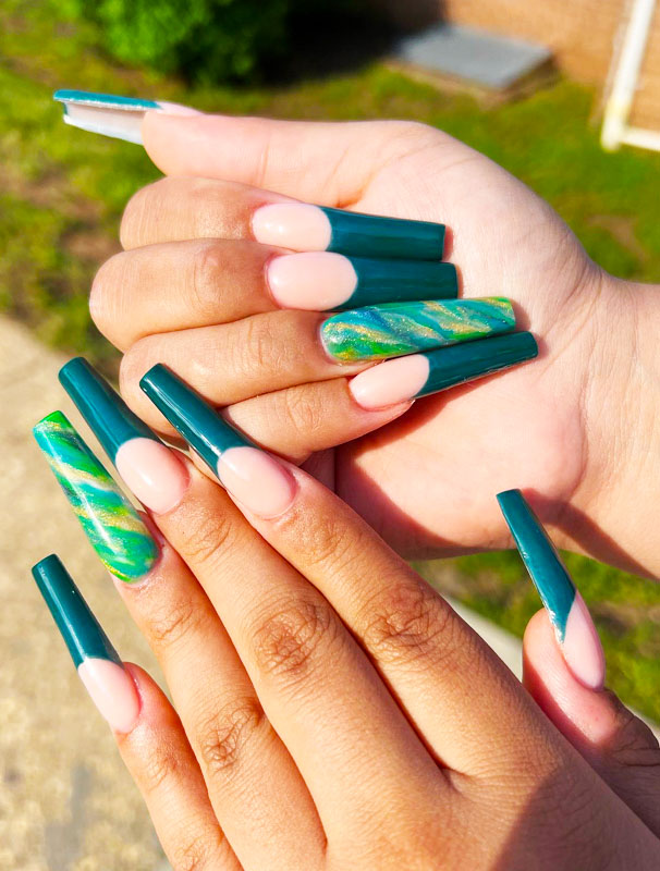 Long french emerald green nails